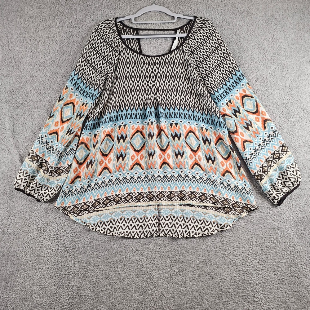 Blu Pepper Women Brown Blue Geometric Tribal Print Long Sleeve Blouse Medium M